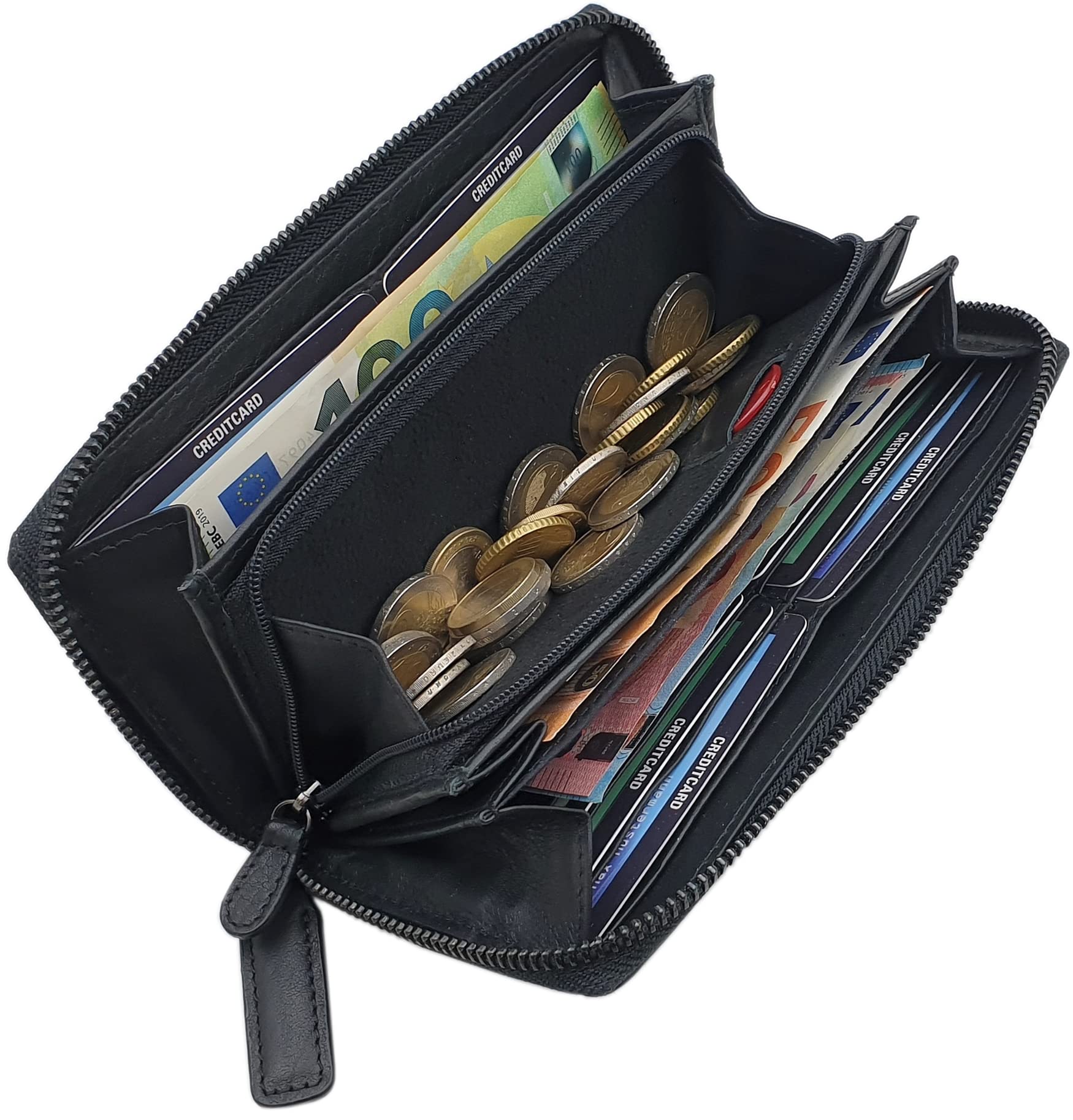 myledershop Damen Geldbörsen portafoglio grande in nappa nero RFID