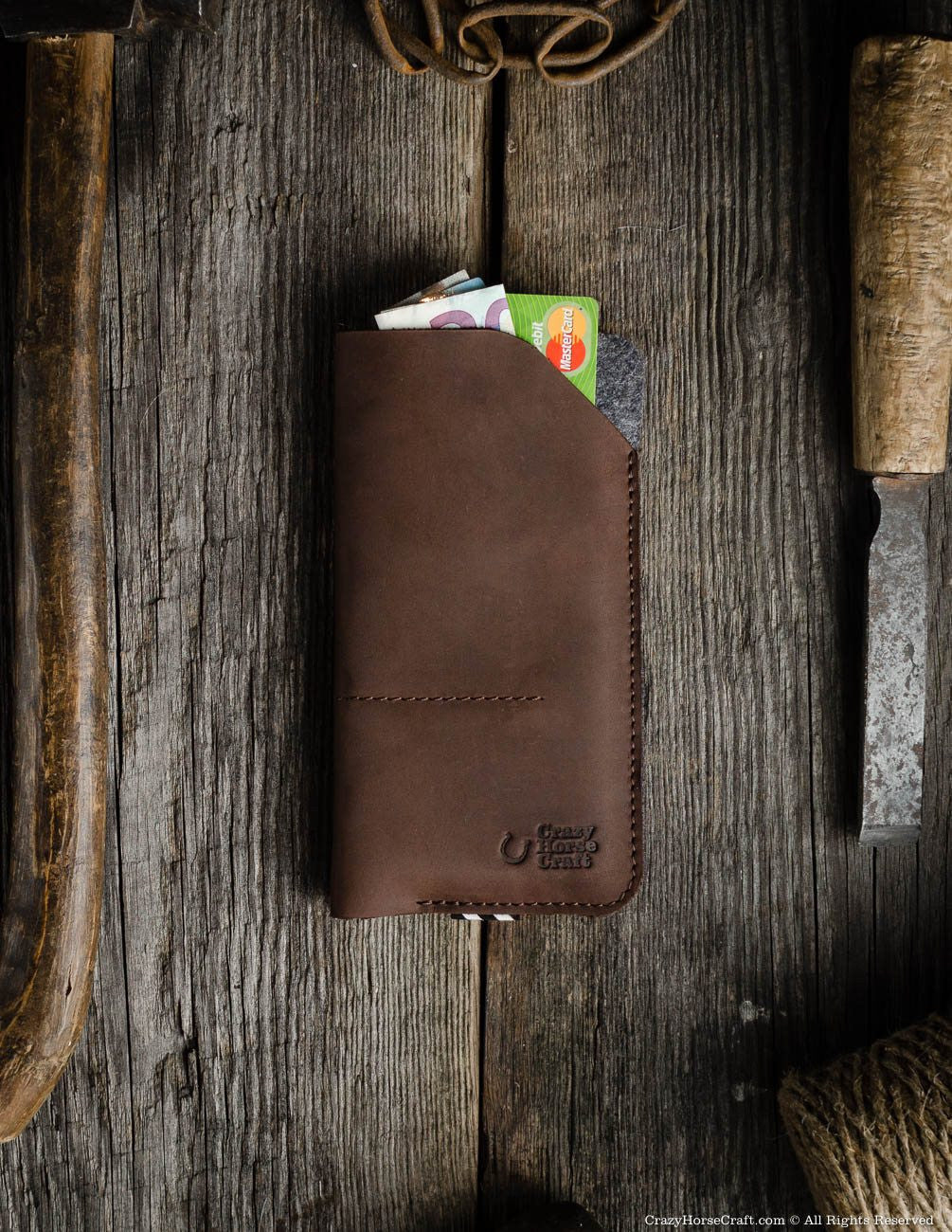 Crazy Horse Craft Phone Cases Custodia portafoglio iPhone Wood Brown