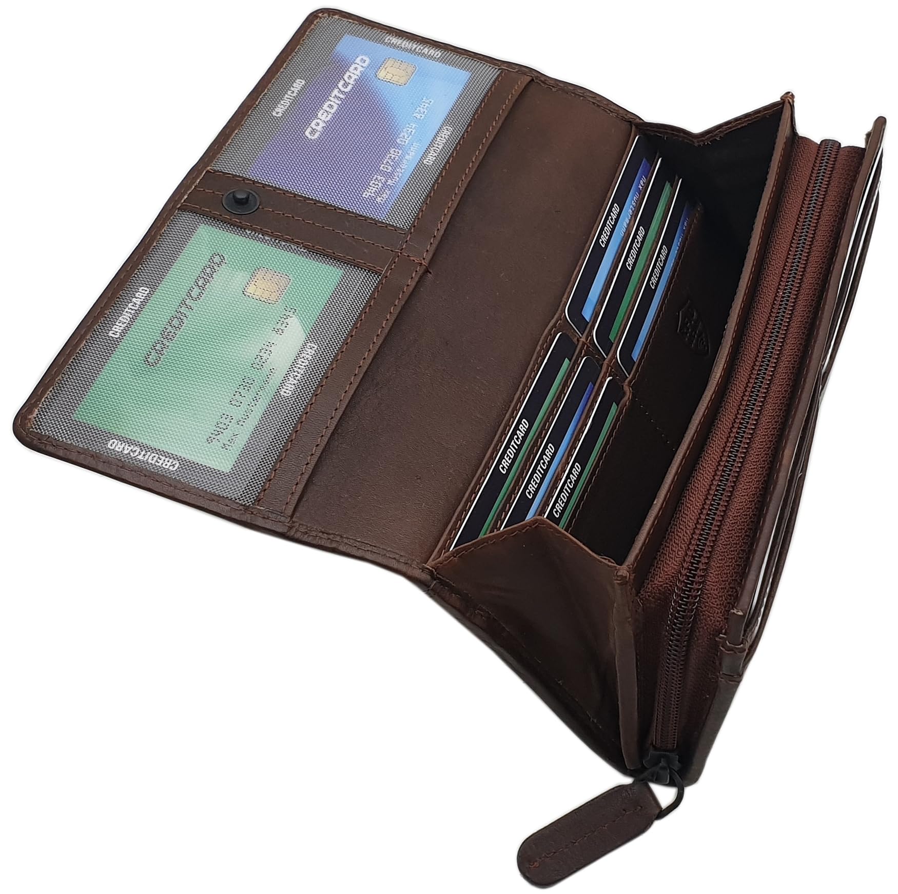 myledershop Damen Geldbörsen portafoglio grande pelle bovina marrone RFID