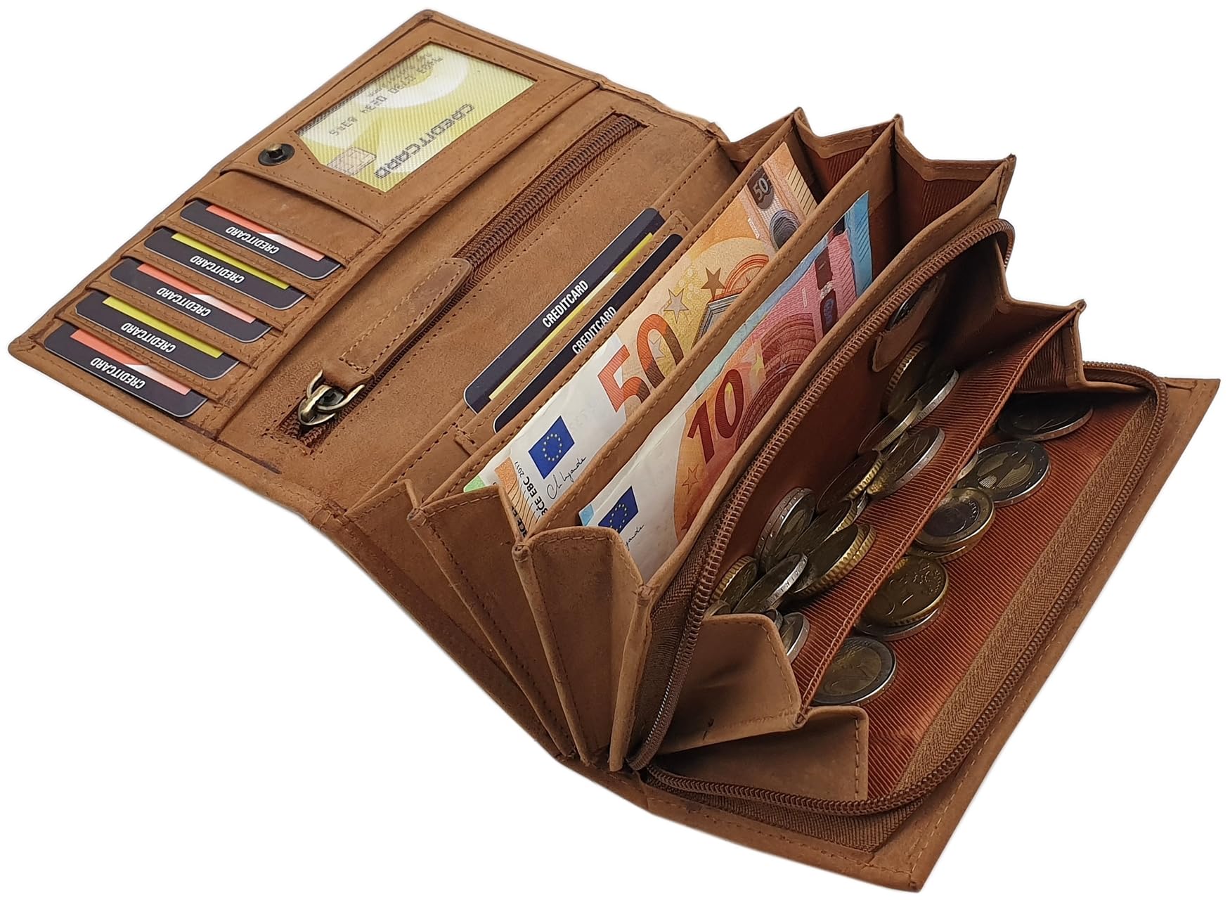 myledershop Damen Geldbörsen portafoglio grande da donna cognac RFID