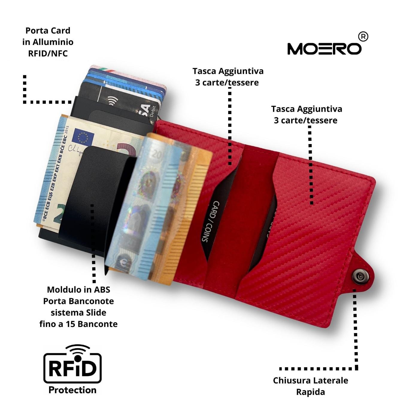 Moero Linea Classic Classic Zip Carbon portafoglio rosso con zip RFID