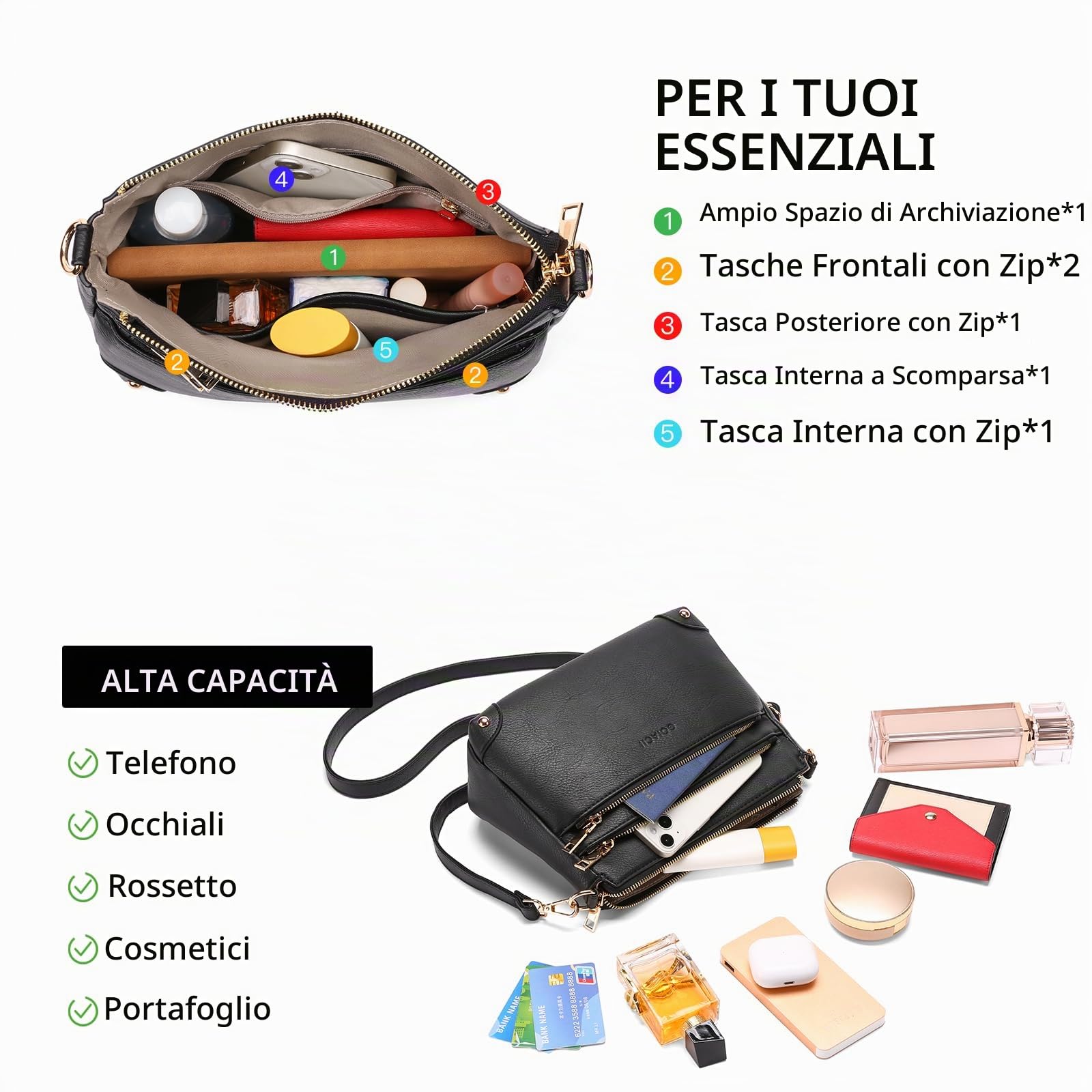 GOIACII BAG Borse a tracolla da donna hobo A04 Nero con tasche