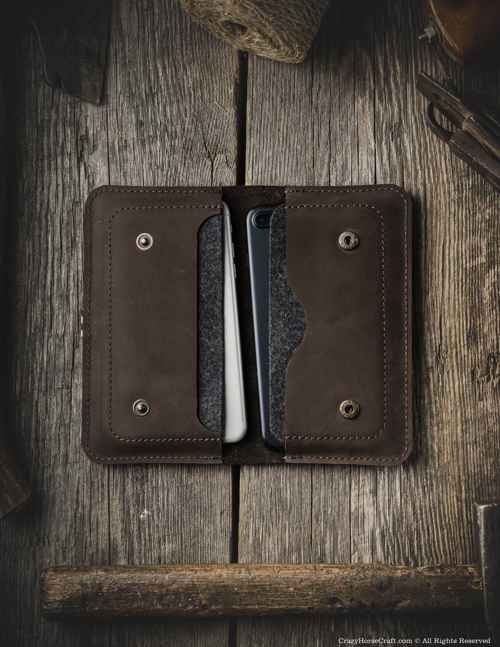 Crazy Horse Craft Phone Cases Portafoglio doppio iPhone Wood Brown