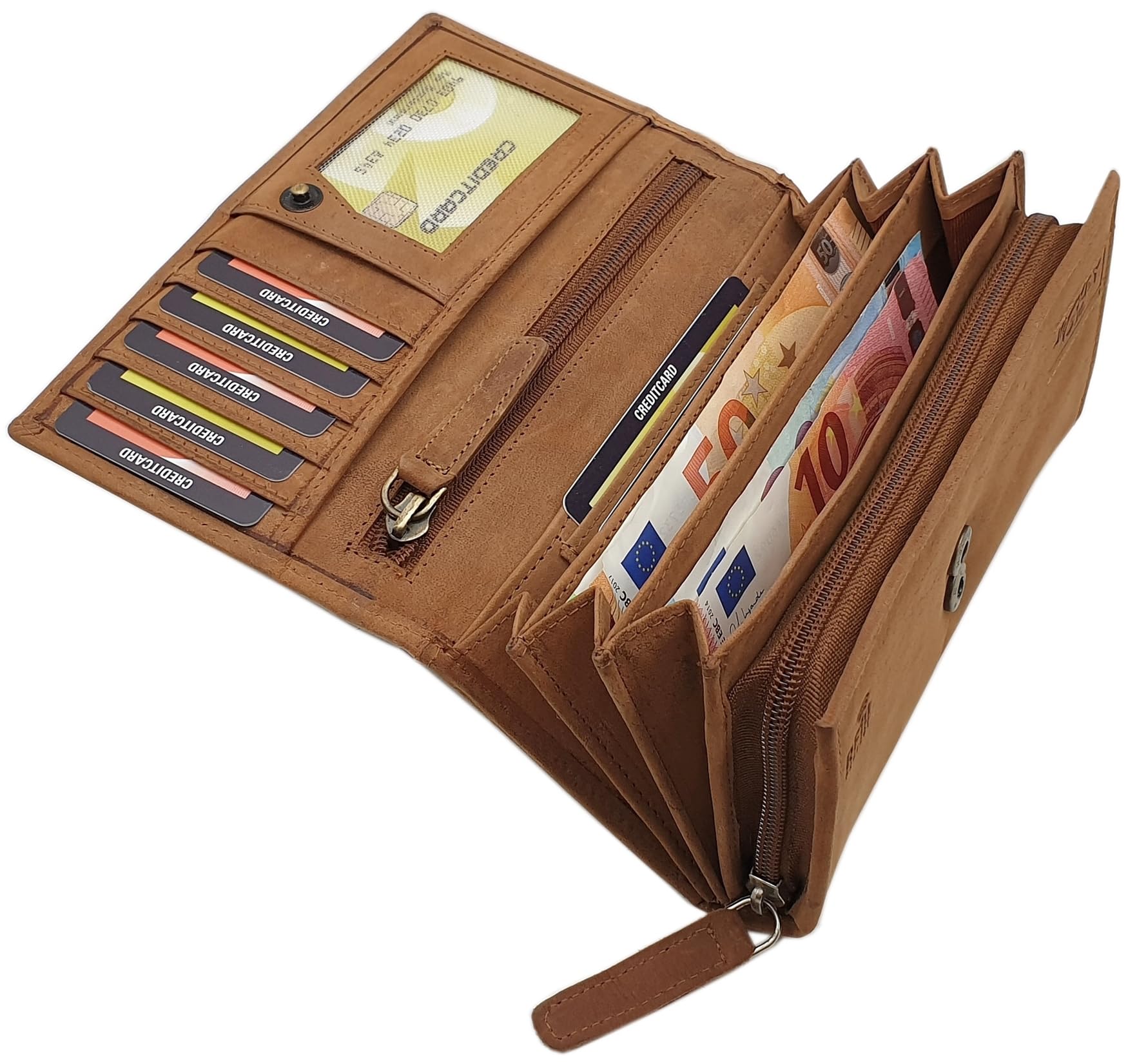 myledershop Damen Geldbörsen portafoglio grande da donna cognac RFID