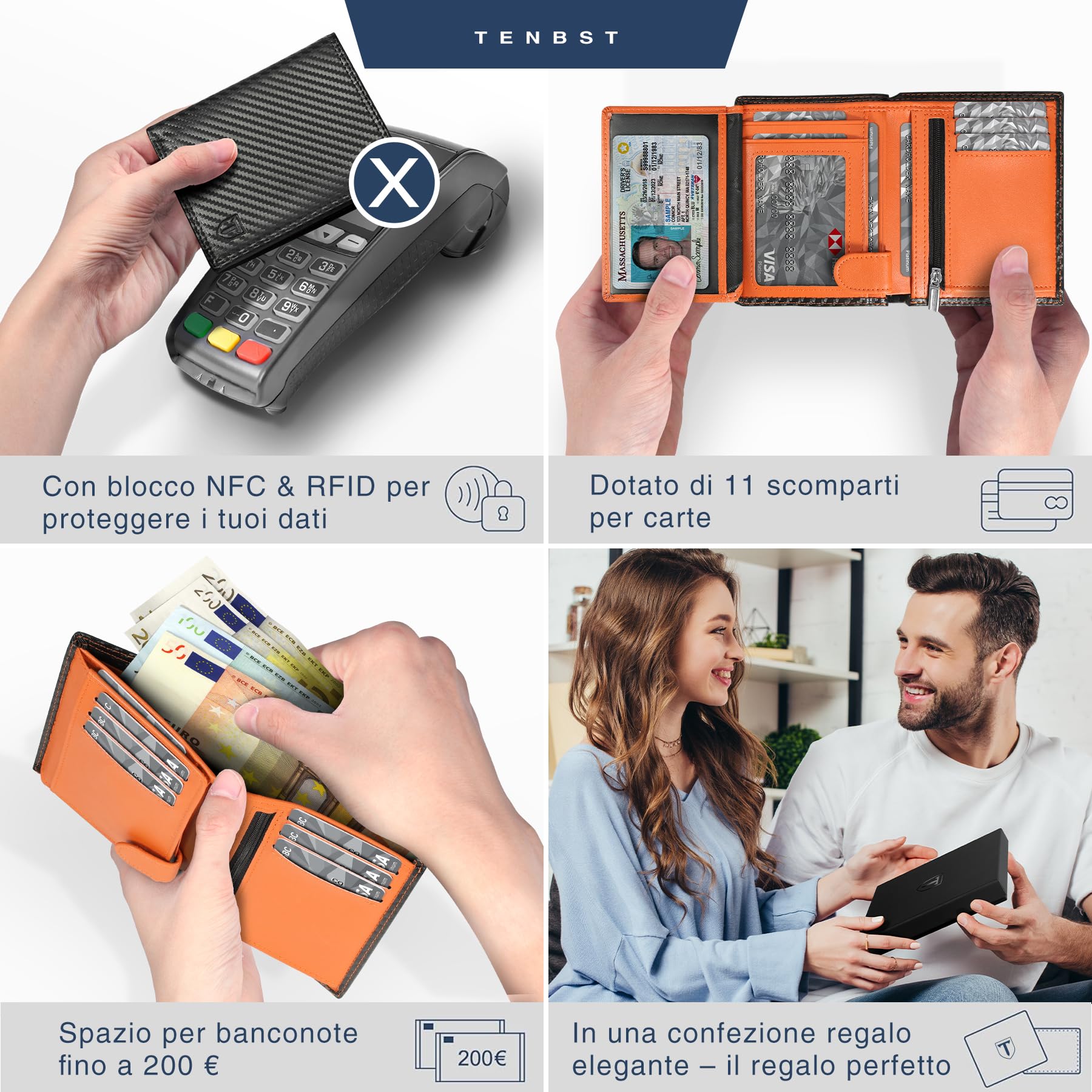 TENBST Classic Wallet portafoglio uomo nero arancione 1 pezzo RFID