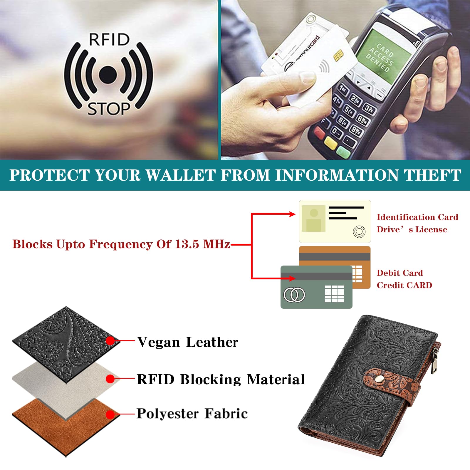 GOIACII WOMEN'S LARGE WALLET Portafoglio da donna Nero e marrone RFID