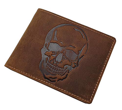 myledershop Herren Geldbörsen Pelle di bufalo portafoglio con teschio marrone RFID