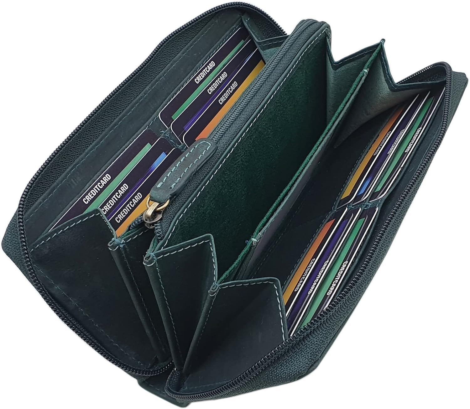 myledershop Damen Geldbörsen portafoglio grande verde scuro in pelle bovina RFID