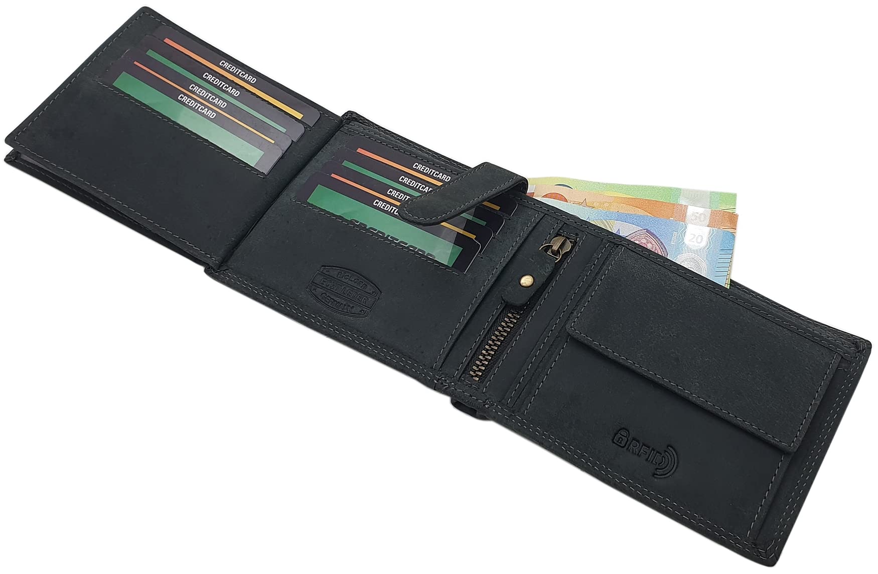 myledershop Herren Geldbörsen portafoglio bufalo orizzontale nero RFID