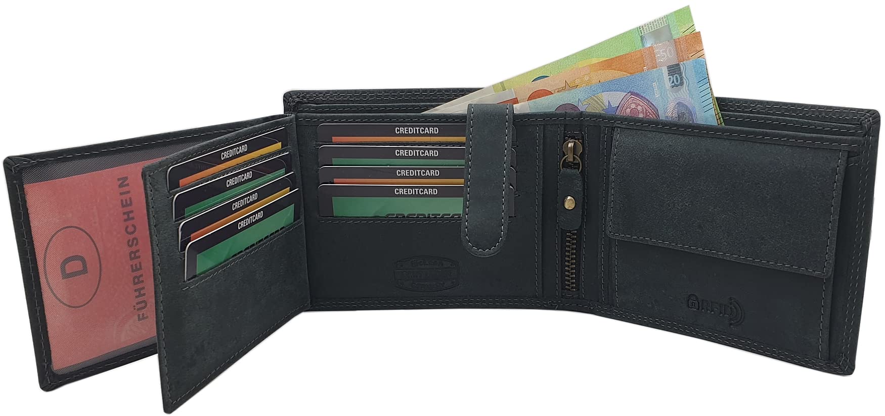 myledershop Herren Geldbörsen portafoglio bufalo orizzontale nero RFID