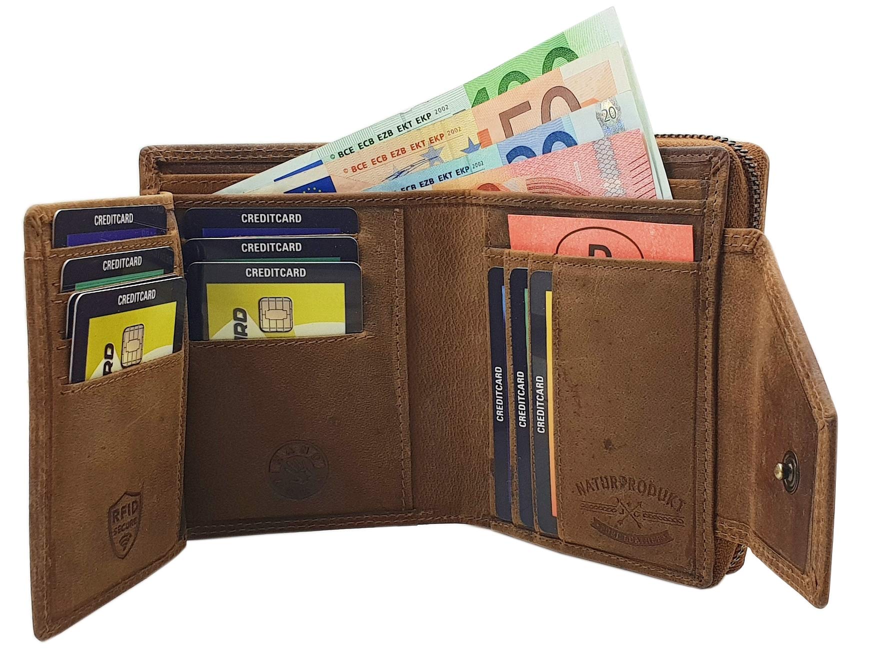 myledershop Damen Geldbörsen portafoglio donna cognac pelle bufalo RFID