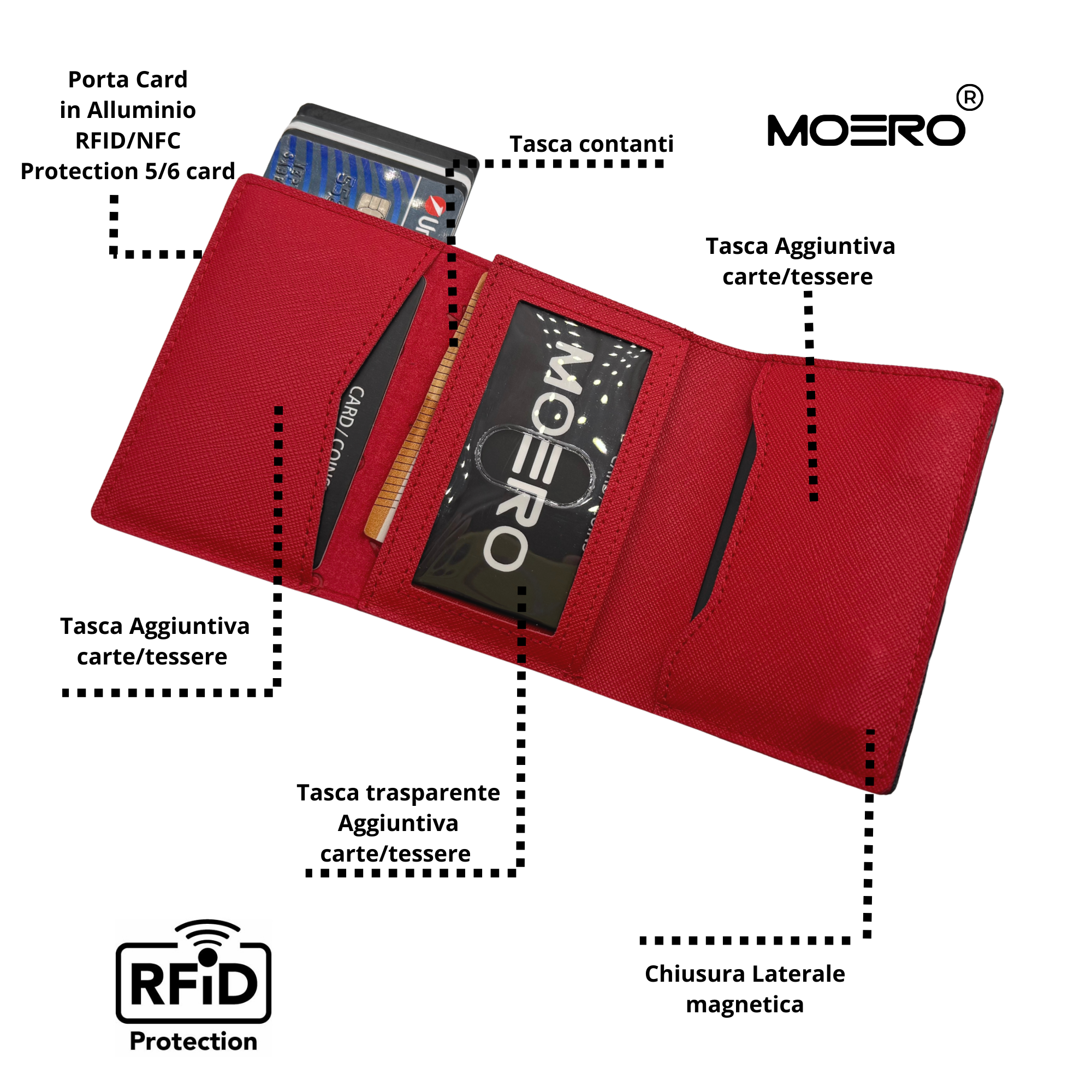 Moero Linea PRO PRO PLUS Zip portafoglio nero rosso RFID con portamonete