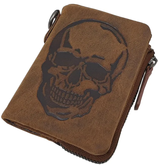myledershop Herren Geldbörsen portafoglio uomo in pelle di bufalo teschio cognac RFID