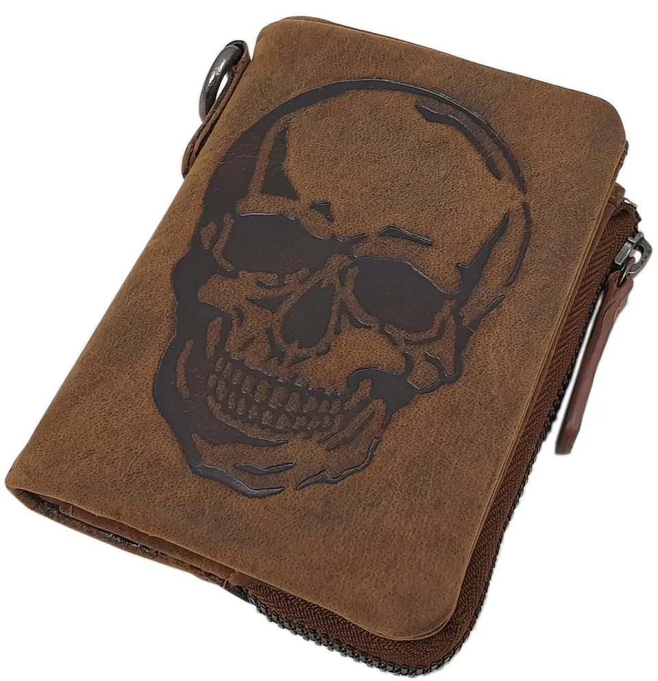 myledershop Herren Geldbörsen portafoglio uomo in pelle di bufalo teschio cognac RFID