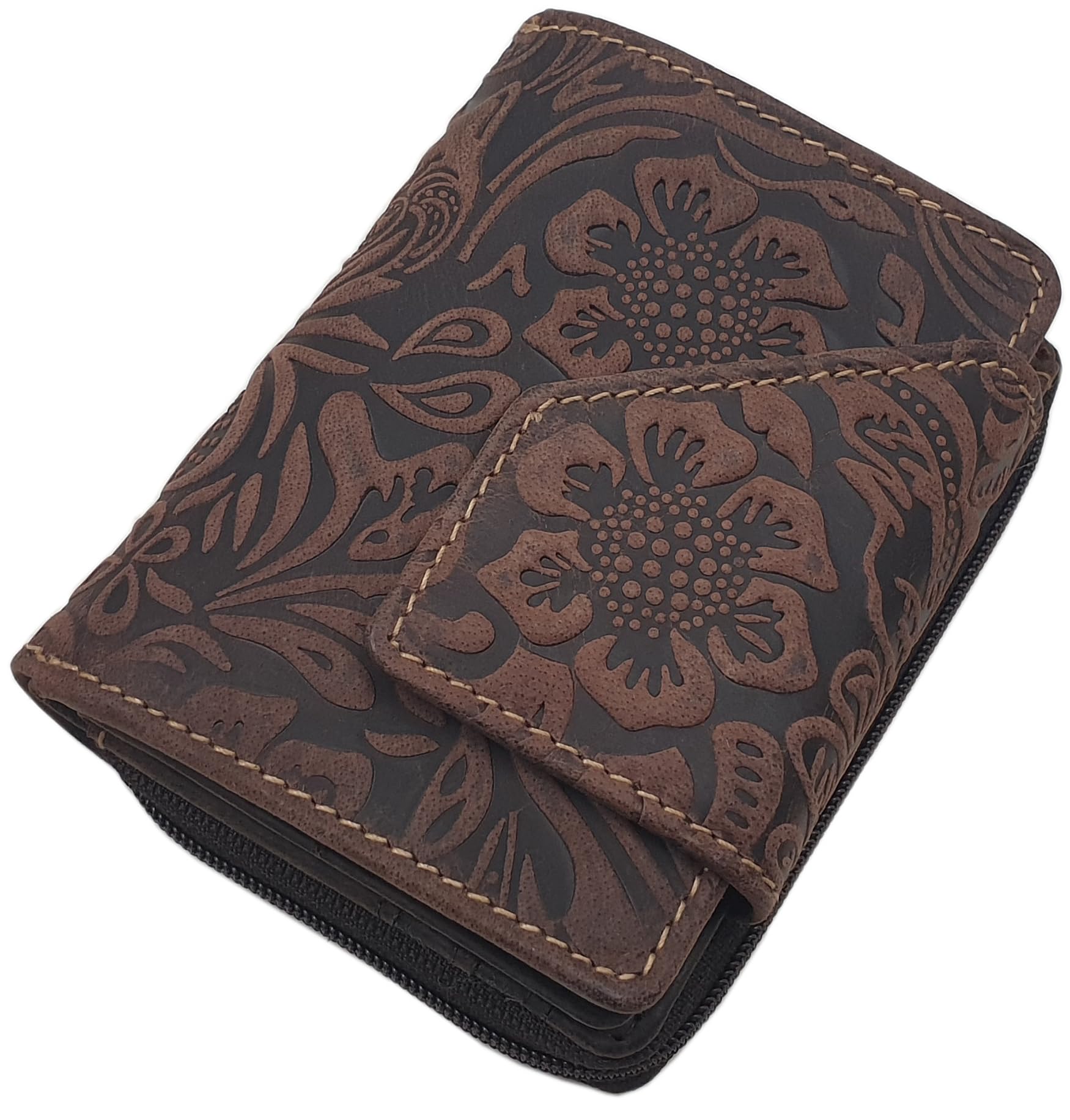 myledershop Damen Geldbörsen piccolo portafoglio donna in pelle di bufalo marrone RFID