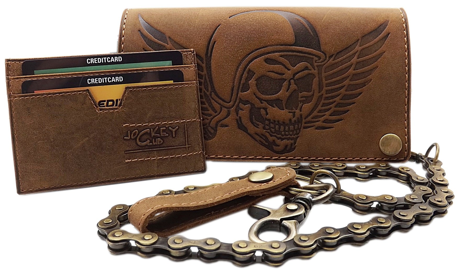 myledershop Bikerbörsen portafoglio biker marrone RFID con catena