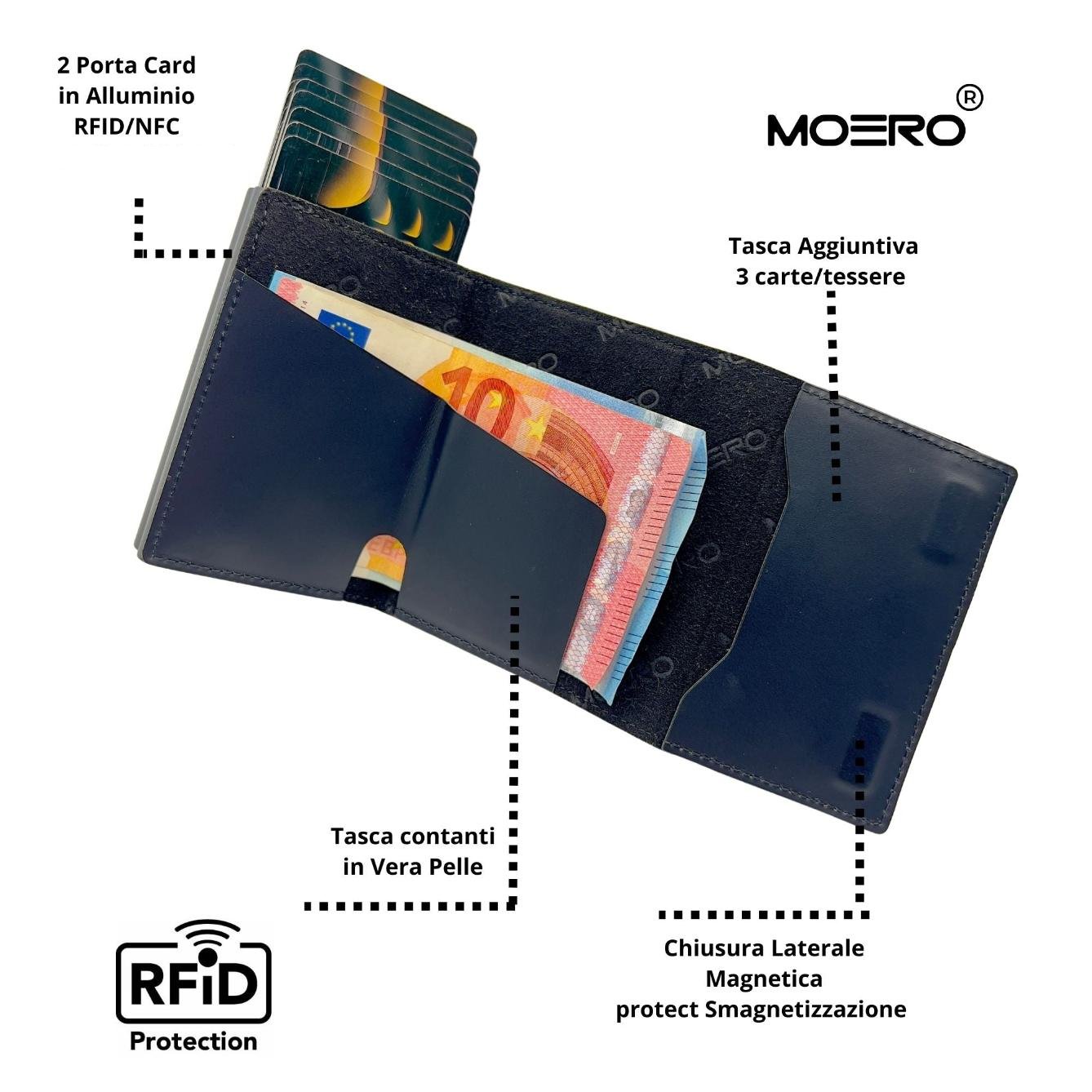 Moero Linea PRO Dual Zip portafoglio nero 15 carte con doppio portacarte