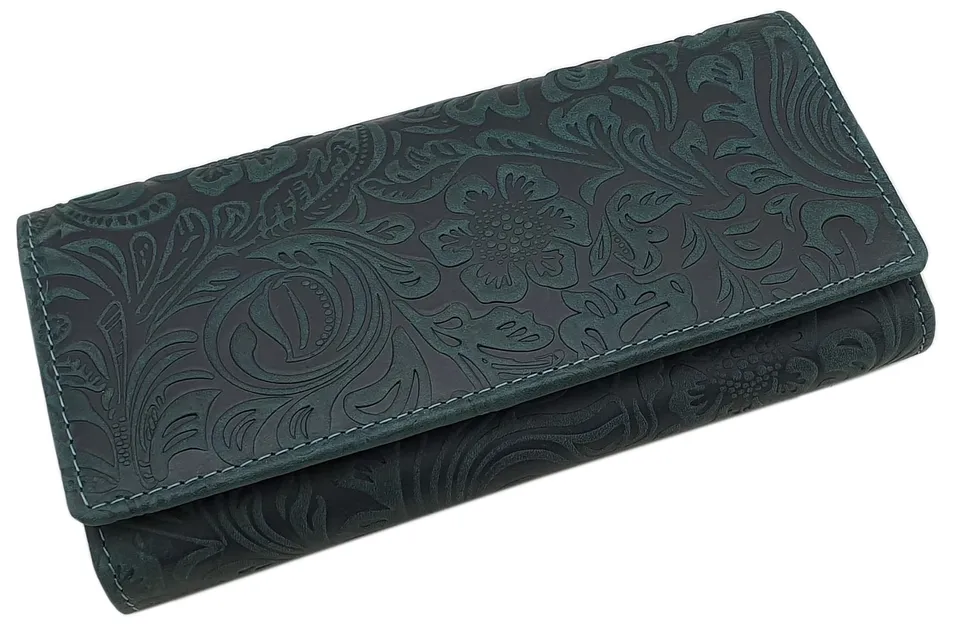 myledershop Damen Geldbörsen Grande portafoglio da donna in pelle bovina verde scuro