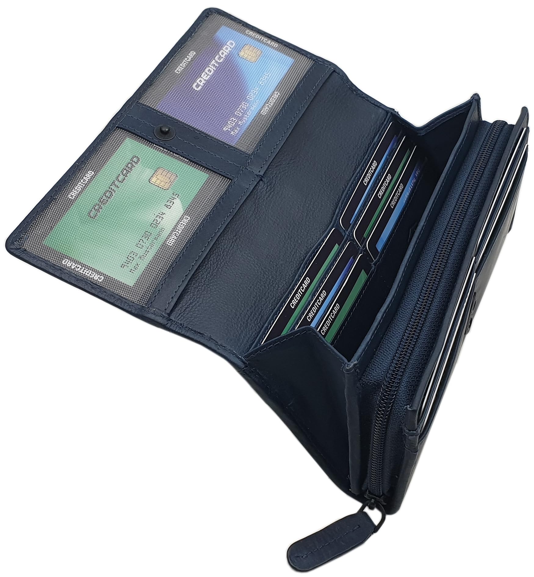 myledershop Damen Geldbörsen portafoglio grande pelle bovina blu RFID