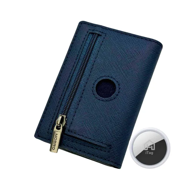Moero Linea AirTag PRO Zip AirTag Saffiano portafoglio Blu Navy RFID