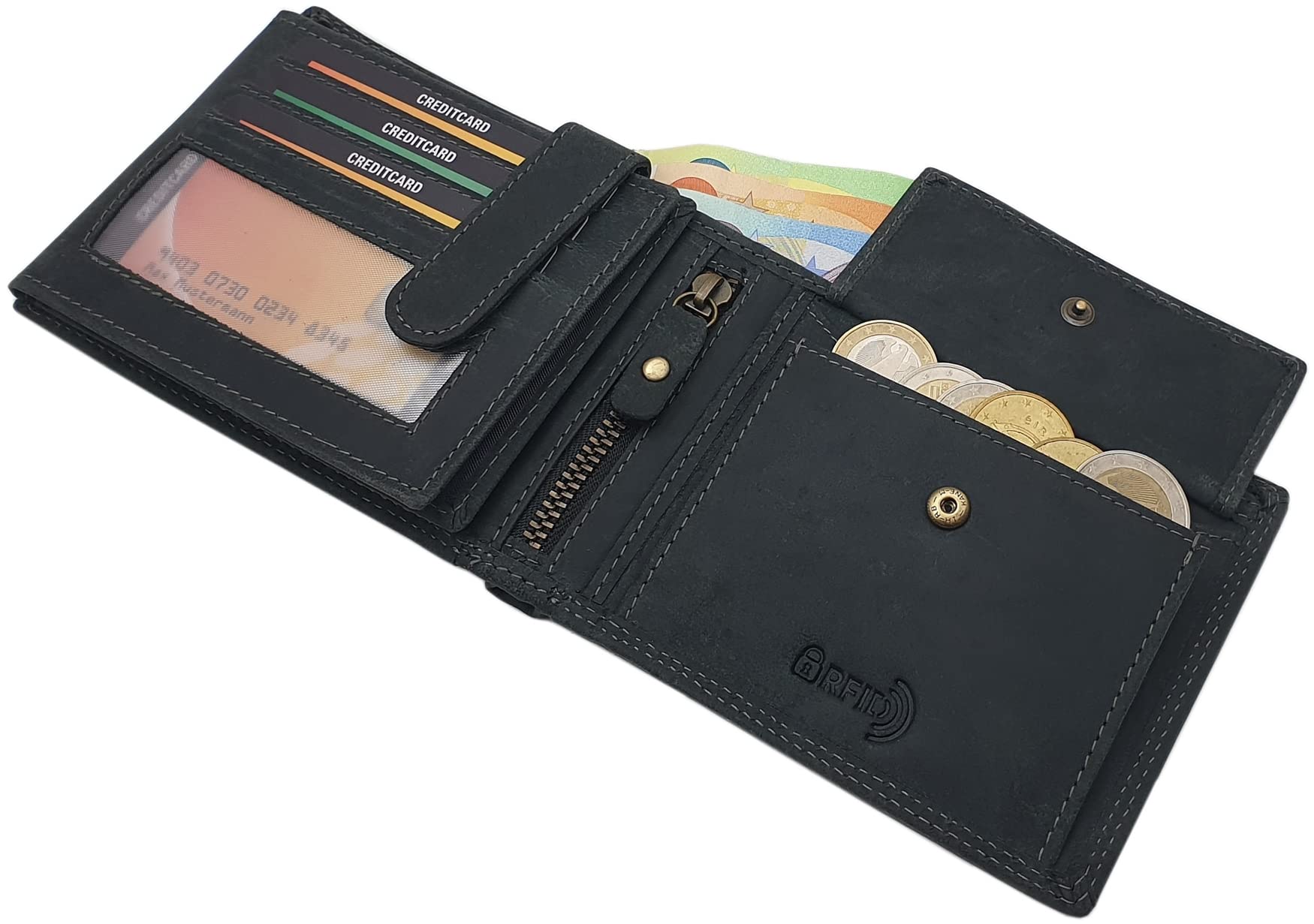 myledershop Herren Geldbörsen portafoglio bufalo orizzontale nero RFID