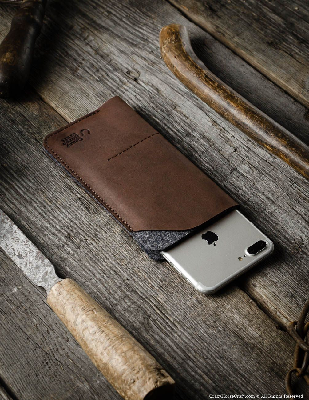 Crazy Horse Craft Phone Cases Custodia portafoglio iPhone Wood Brown