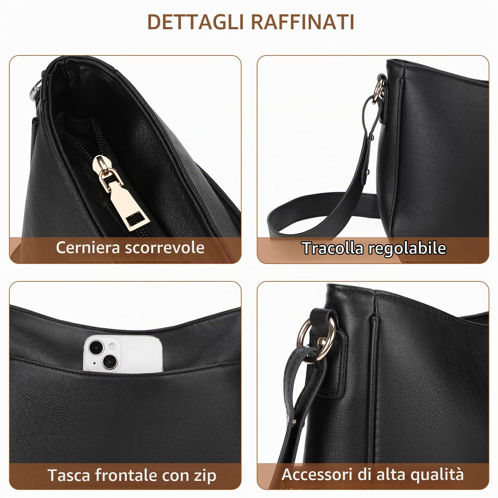 GOIACII BAG borsa hobo a tracolla donna nera con tasca posteriore