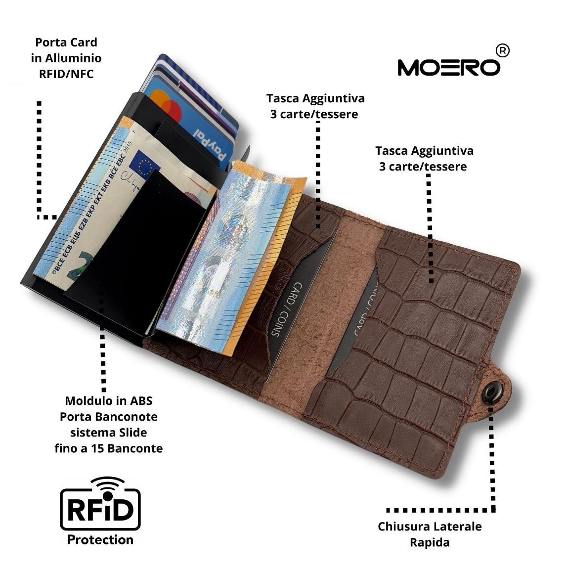 Moero Linea Classic Croco portafoglio marrone RFID