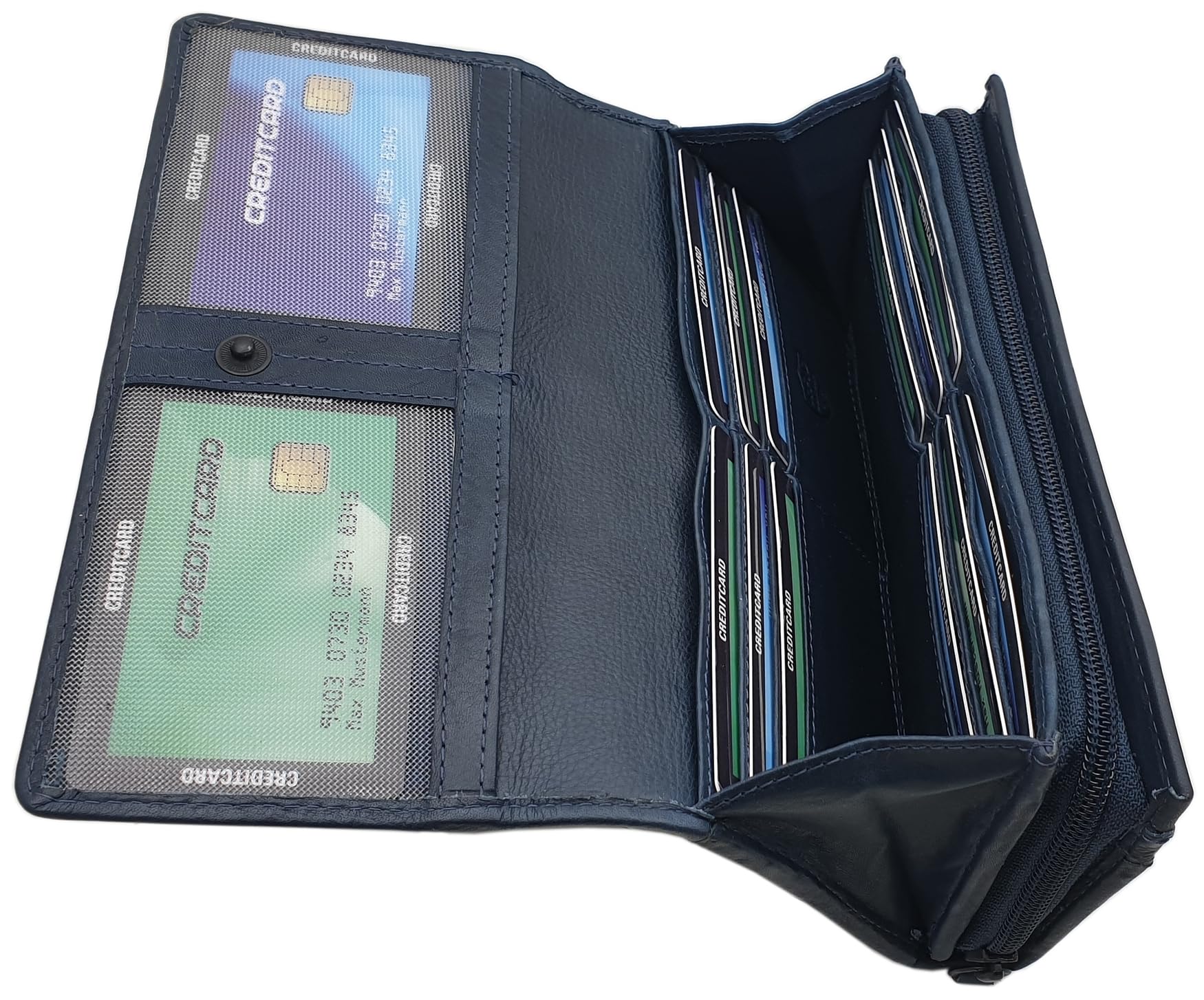 myledershop Damen Geldbörsen portafoglio grande pelle bovina blu RFID