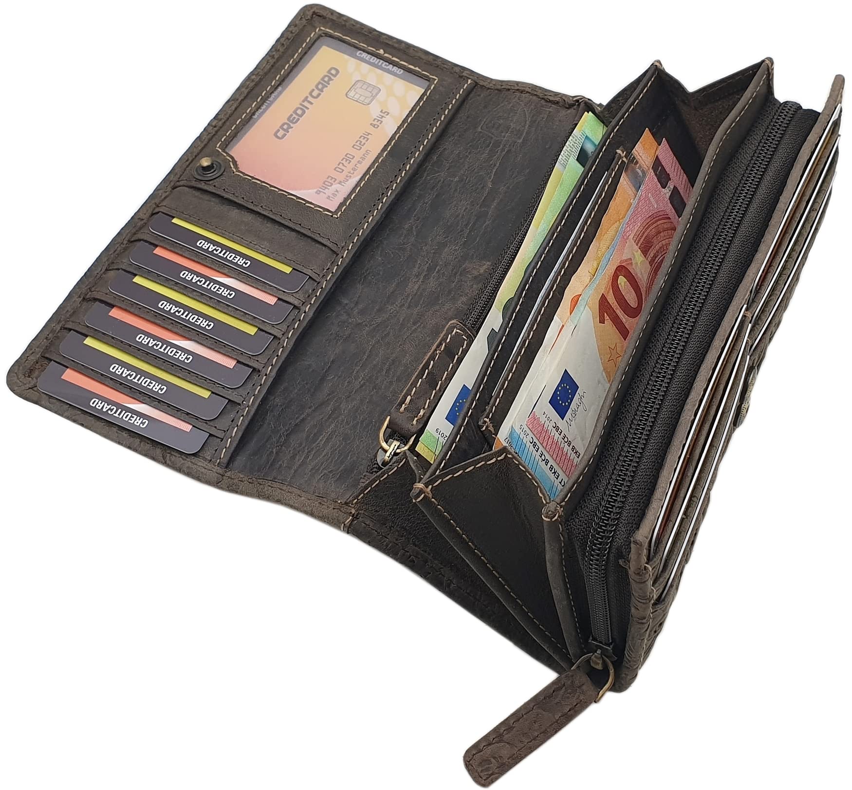 myledershop Damen Geldbörsen portafoglio grande marrone RFID